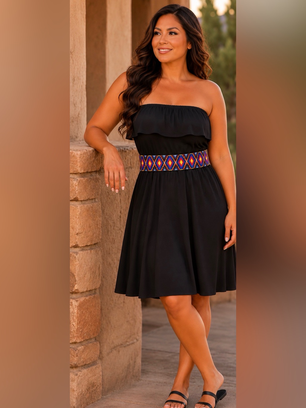 Strapless Black Dress With Multicolor Beaded Waist - Size Medium